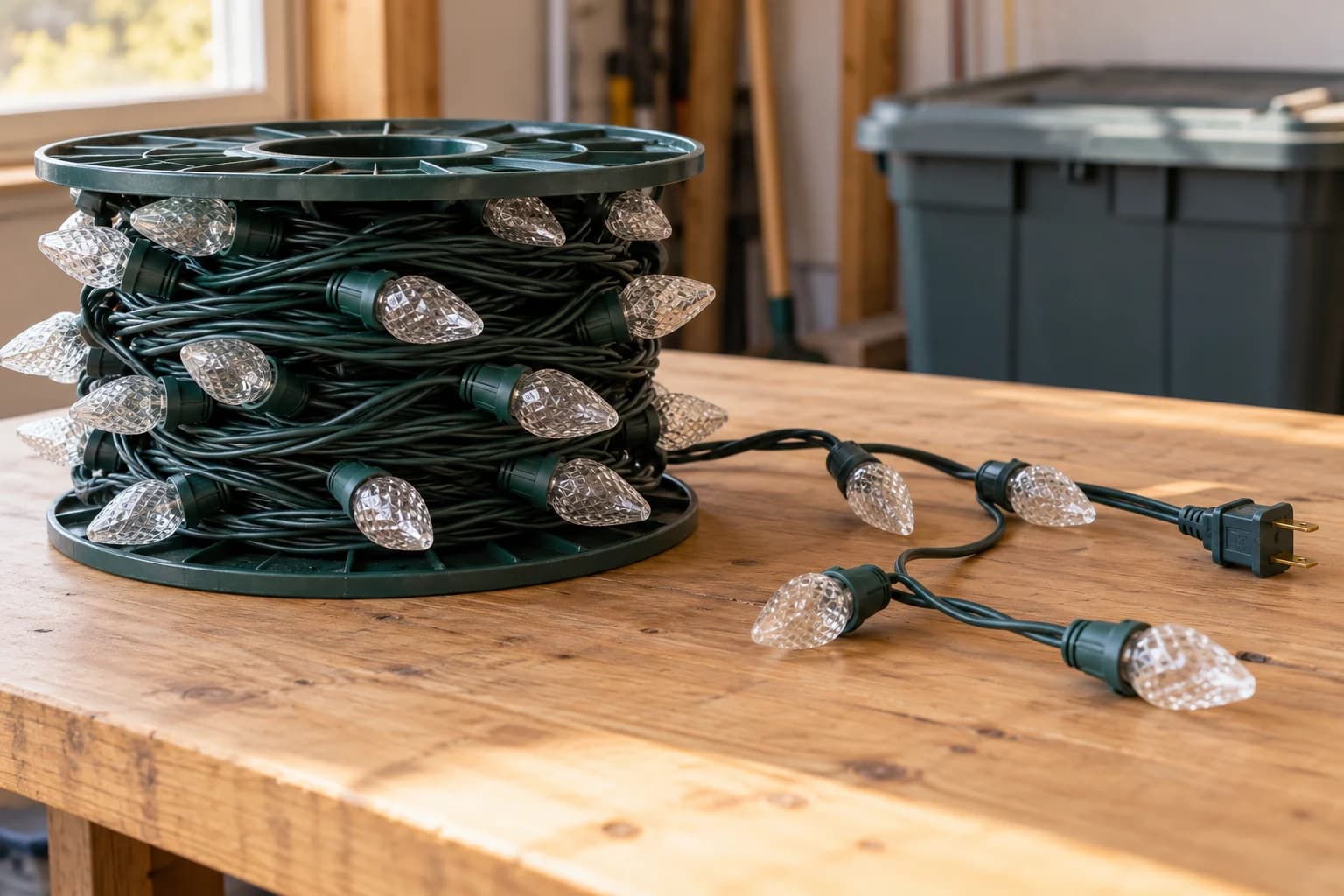 Unplugged Christmas lights neatly stored on a spool