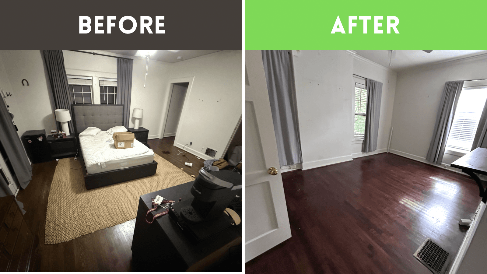 Before and after of a Haul Tide property cleanout in Tuscaloosa