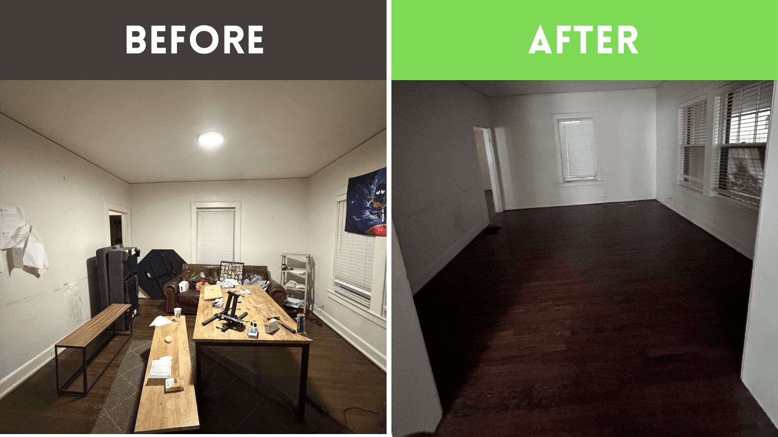 Before and after of a Haul Tide furniture and appliance removal