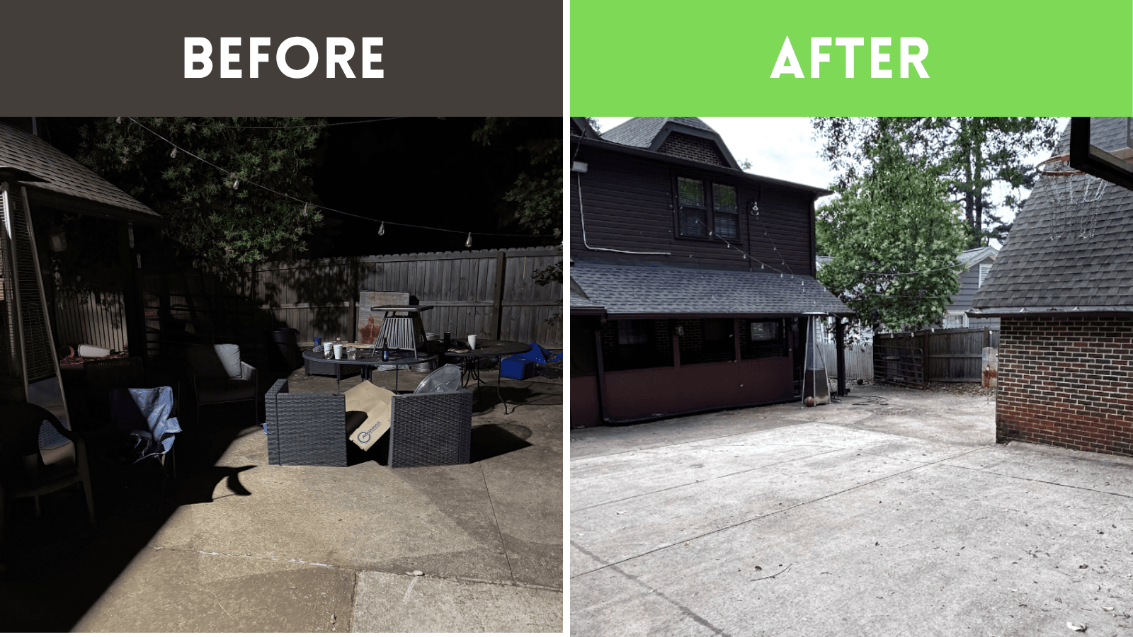 Before and after of a Haul Tide yard debris cleanup in Tuscaloosa